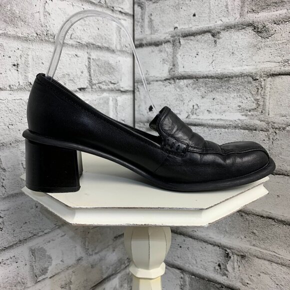Vintage 90's Predictions Square Toe Black Leather Block Heel Loafer - Picture 4 of 10